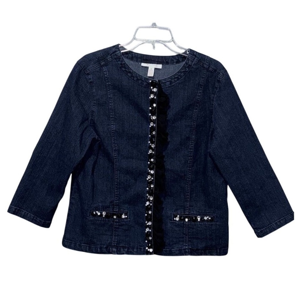 JM Collection Denim Jacket Womens 10 Blue Ramie Cotton Rhinestone Ruffle Chic